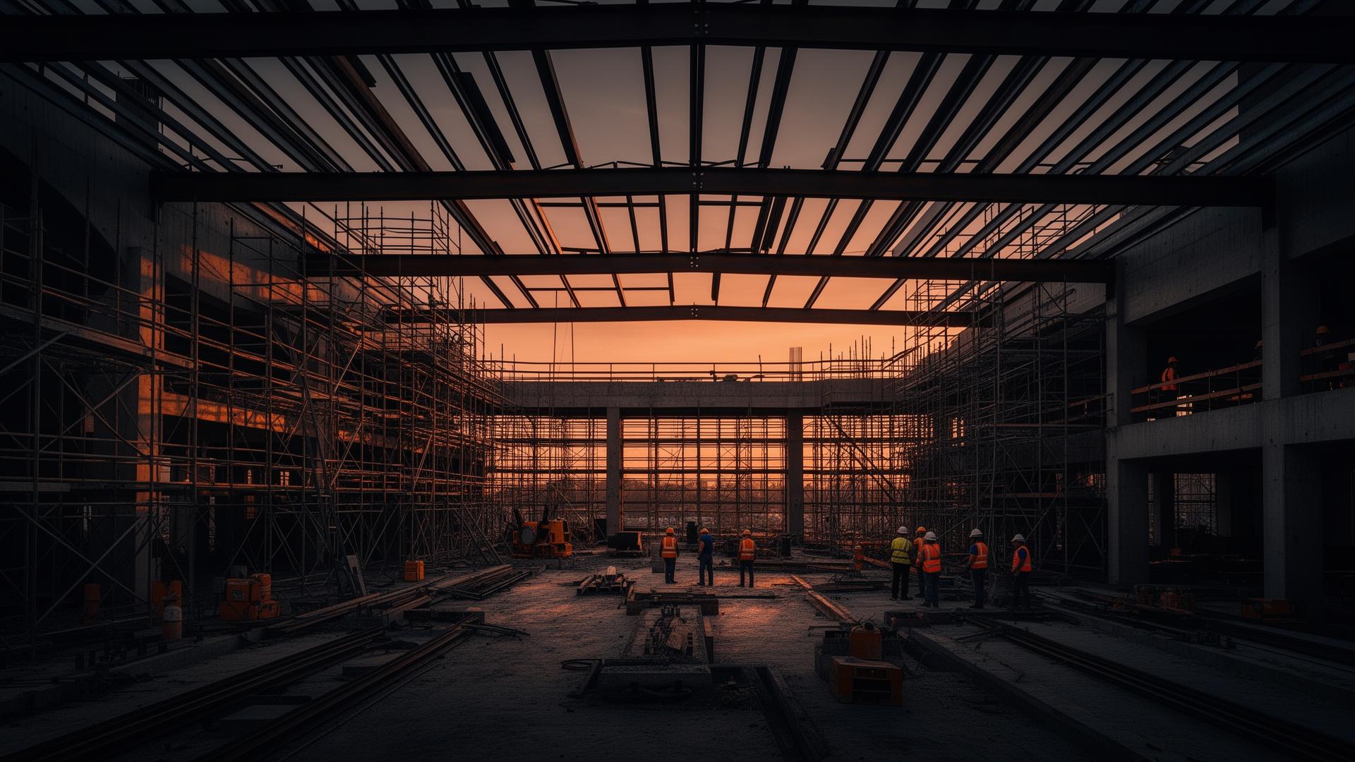 Obra en construcción con estructura de acero