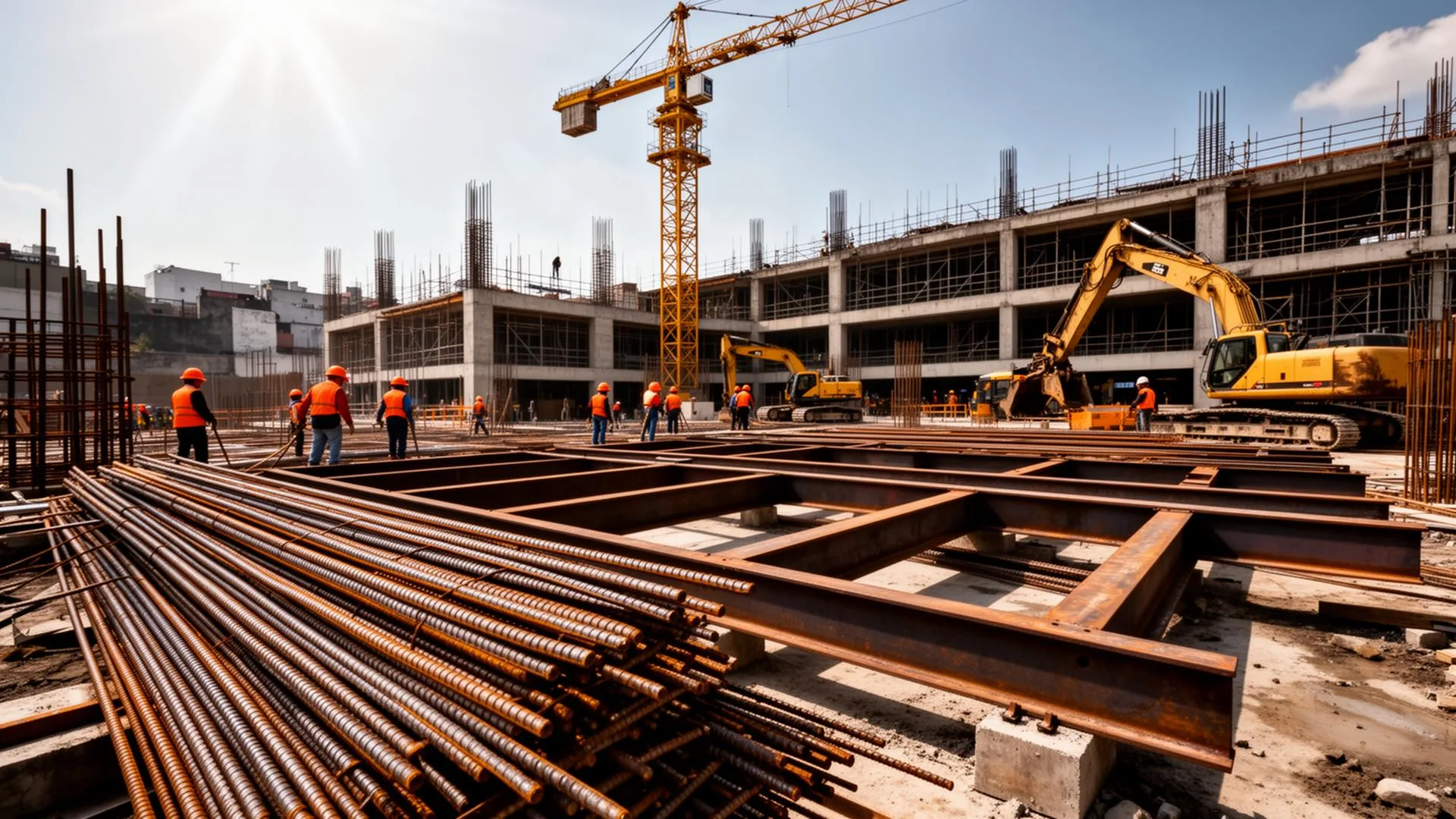 Obra en construcción en CDMX con varilla, acero estructural, grúa torre y personal de obra